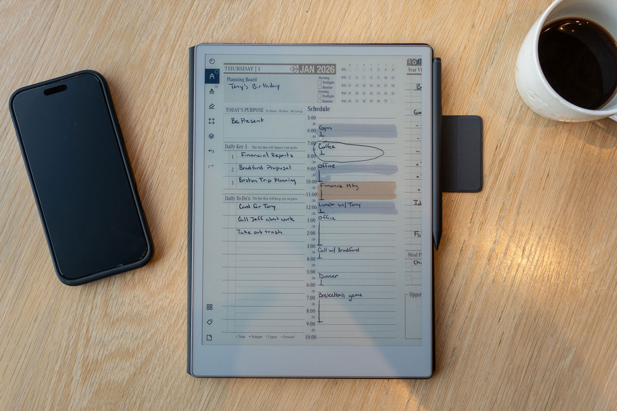 Key2Success Digital Planner open on a reMarkable tablet showing the daily planning page