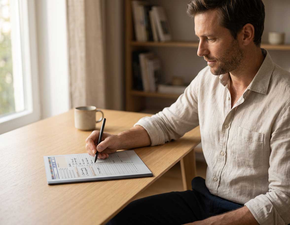 Entrepreneur writing in a reMarkable Paper Pure planning session, K2S Business Planner open on screen
