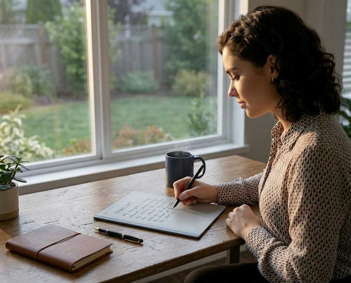 Person writing morning pages on reMarkable Paper Pure at quiet desk before the day starts