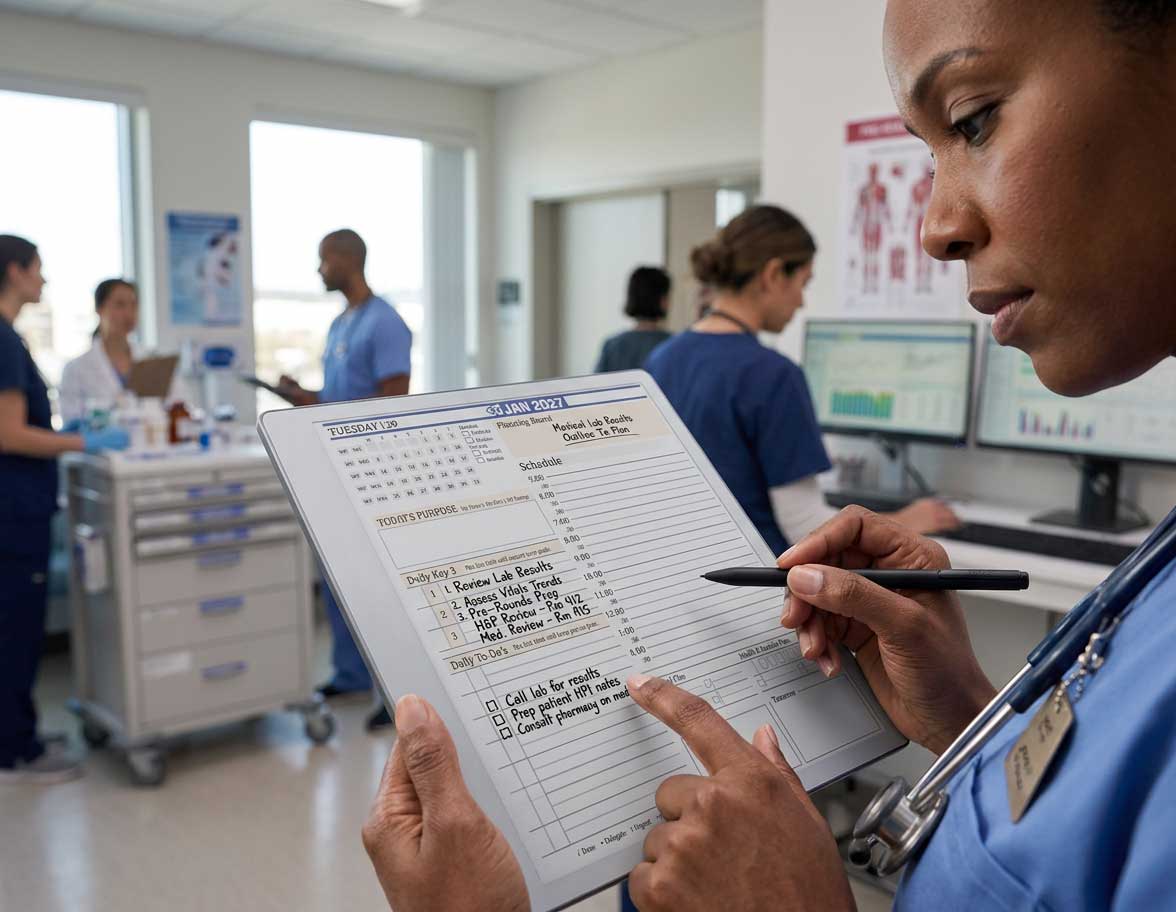 Clinician reviewing pre-rounds preparation notes on reMarkable Paper Pure, focused writing environment