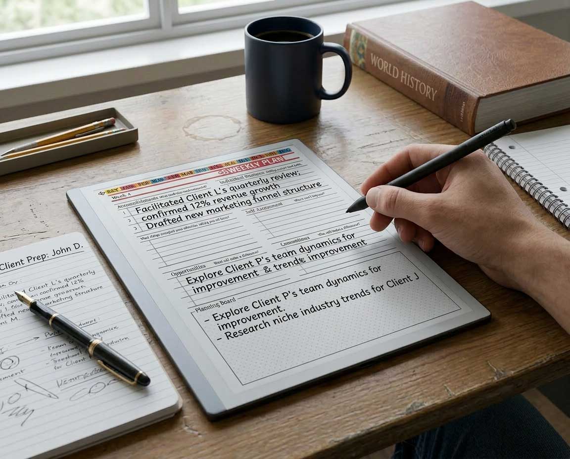 Coach writing session prep notes on reMarkable Paper Pure, client notebook open beside it