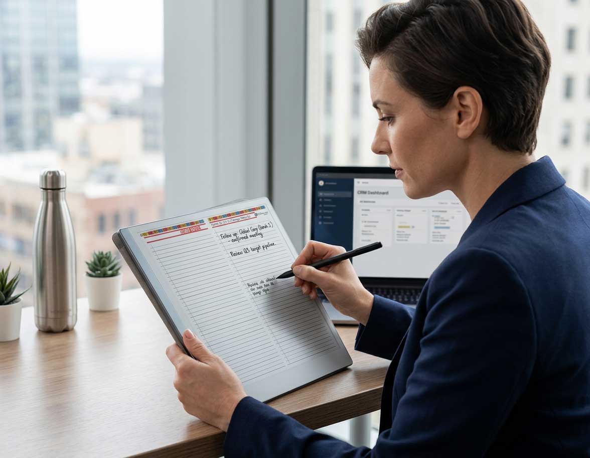 Sales professional reviewing pre-call notes on reMarkable Paper Pure before a client meeting