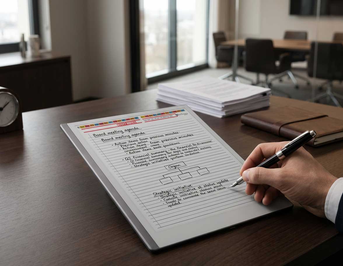 Executive writing in reMarkable Paper Pure at desk, board documents visible, focused working environment