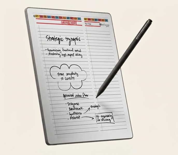 reMarkable Paper Pure with K2S Executive Planner, annual planning pages visible, executive desk setting