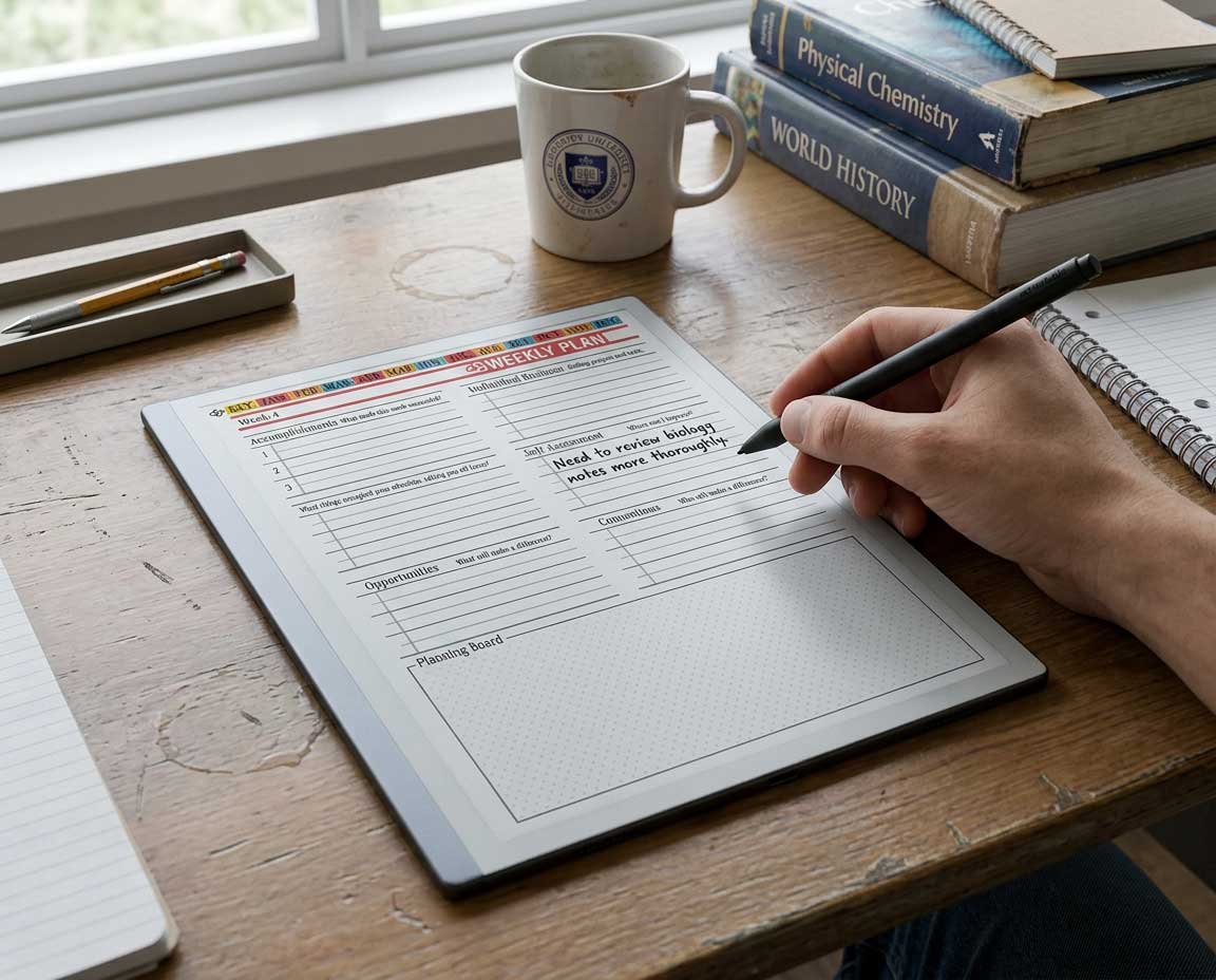 reMarkable Paper Pure with K2S Personal Planner open to weekly review page, student desk environment