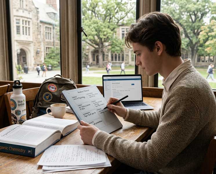 College student taking handwritten lecture notes on reMarkable Paper Pure, no laptop distractions