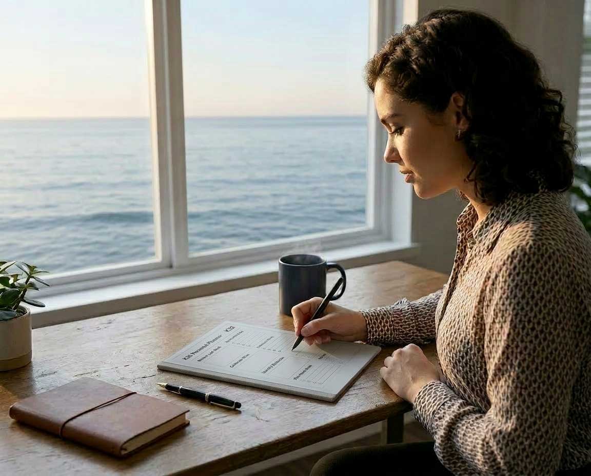 reMarkable Paper Pure with K2S Personal Planner open to weekly review section, calm morning setting