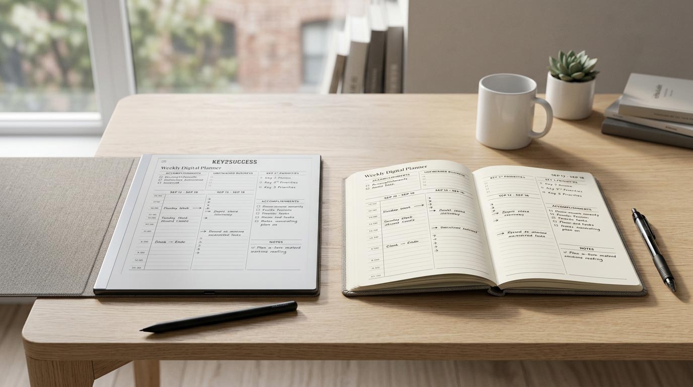 Person tapping a hyperlinked tab on a reMarkable digital planner