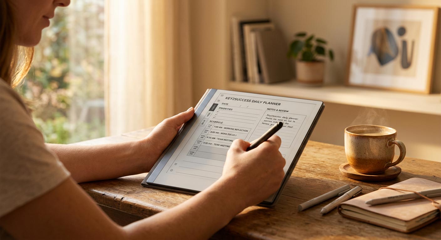 Person setting daily priorities on a reMarkable digital planner with coffee