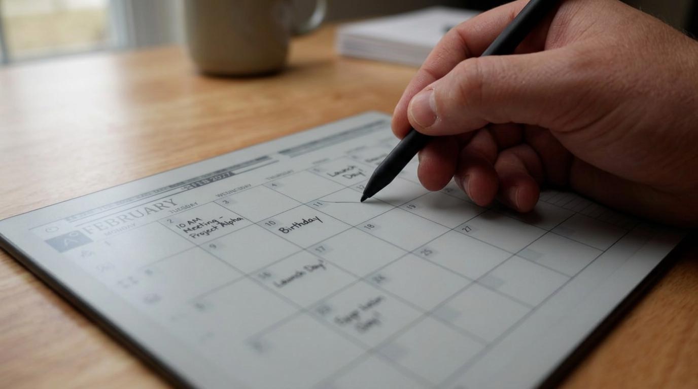 Monthly calendar view open on a reMarkable digital planner