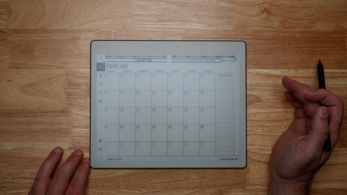 reMarkable planner page linking a monthly view to daily entries