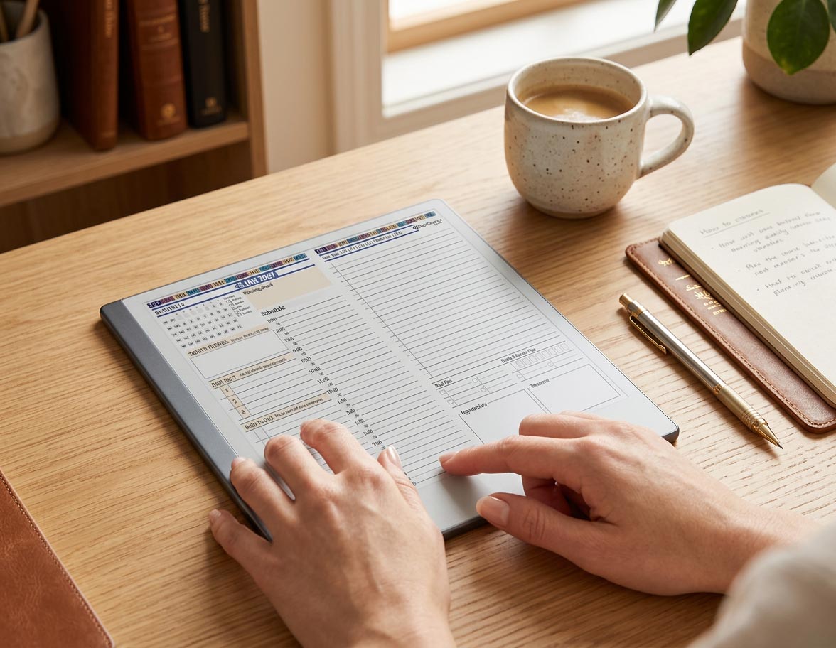 Person reviewing a reMarkable weekly planner spread at a desk