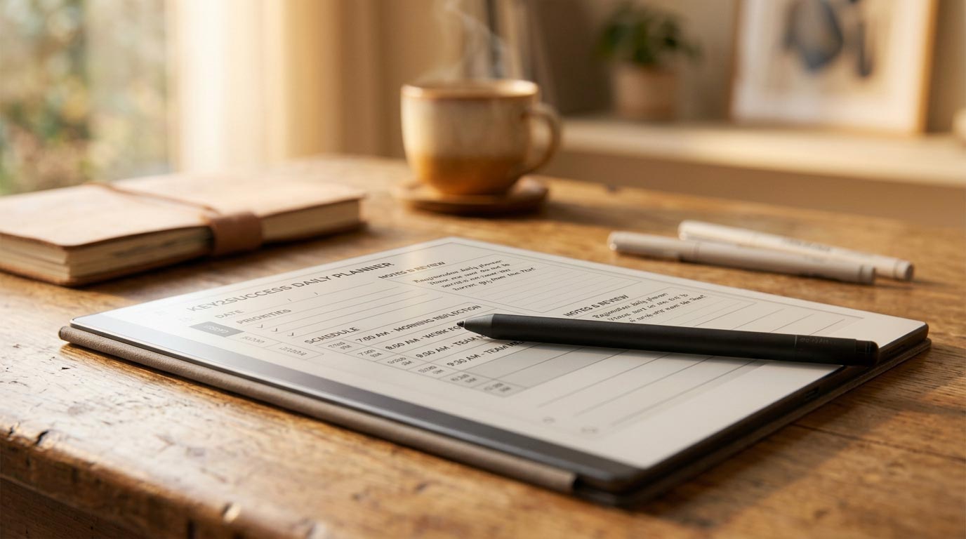 Time-blocked schedule on a reMarkable daily planner page