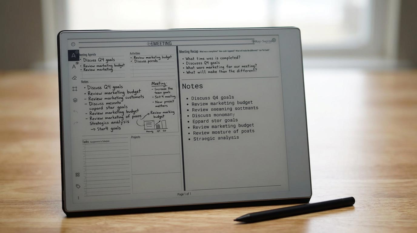 Handwritten meeting notes being taken on a reMarkable digital planner